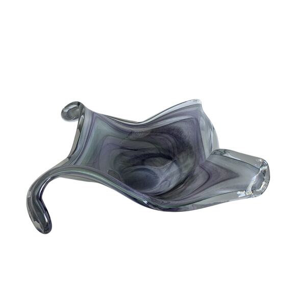 19” Murano Style Handblown Bowl Glass Ribbon Vase Wave Ribbed Purple Green Glass - Picture 3 of 16